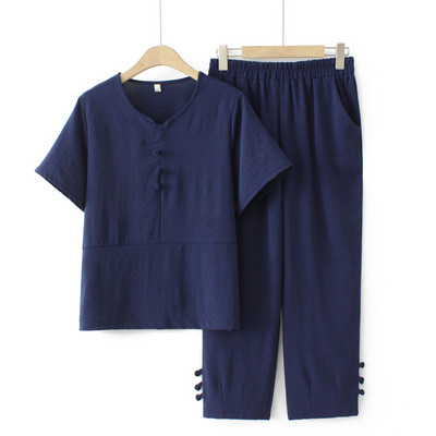 Γυναικεία σετ 2023 Καλοκαίρι με Κινέζικα κουμπιά Ice μεταξωτό μπλουζάκι Φαρδύ κομμένο παντελόνι Δύο τεμαχίων Υπερμεγέθη καμπύλα ρούχα