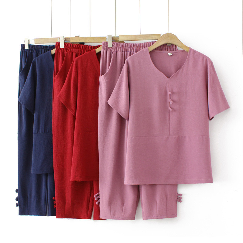 Γυναικεία σετ 2023 Καλοκαίρι με Κινέζικα κουμπιά Ice μεταξωτό μπλουζάκι Φαρδύ κομμένο παντελόνι Δύο τεμαχίων Υπερμεγέθη καμπύλα ρούχα