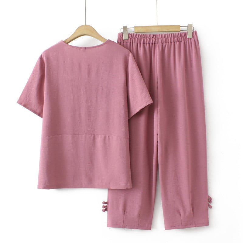Γυναικεία σετ 2023 Καλοκαίρι με Κινέζικα κουμπιά Ice μεταξωτό μπλουζάκι Φαρδύ κομμένο παντελόνι Δύο τεμαχίων Υπερμεγέθη καμπύλα ρούχα