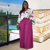 Dámske oblečenie Plus Size, jesenné, s dlhým rukávom a potlačou, široké nohavice, dvojdielna súprava, nadrozmerné kancelárske obleky s dlhým rukávom a širokými nohavicami