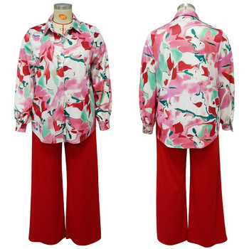 Плюс размер Дамско облекло Есенно горнище с щампа с дълъг ръкав Широки панталони Комплект от две части Огромни офис дамски елегантни костюми Тоалети