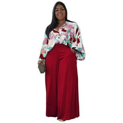 Dámske oblečenie Plus Size, jesenné, s dlhým rukávom a potlačou, široké nohavice, dvojdielna súprava, nadrozmerné kancelárske obleky s dlhým rukávom a širokými nohavicami