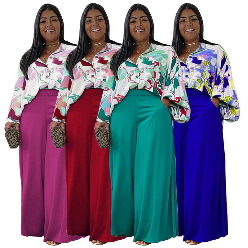 Dámske oblečenie Plus Size, jesenné, s dlhým rukávom a potlačou, široké nohavice, dvojdielna súprava, nadrozmerné kancelárske obleky s dlhým rukávom a širokými nohavicami