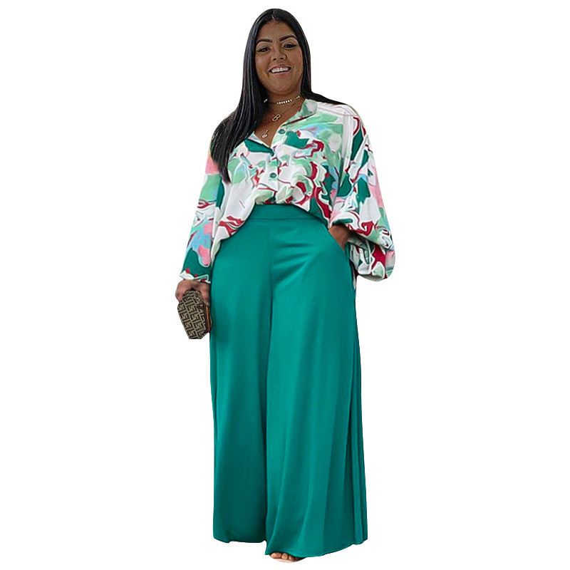 Dámske oblečenie Plus Size, jesenné, s dlhým rukávom a potlačou, široké nohavice, dvojdielna súprava, nadrozmerné kancelárske obleky s dlhým rukávom a širokými nohavicami