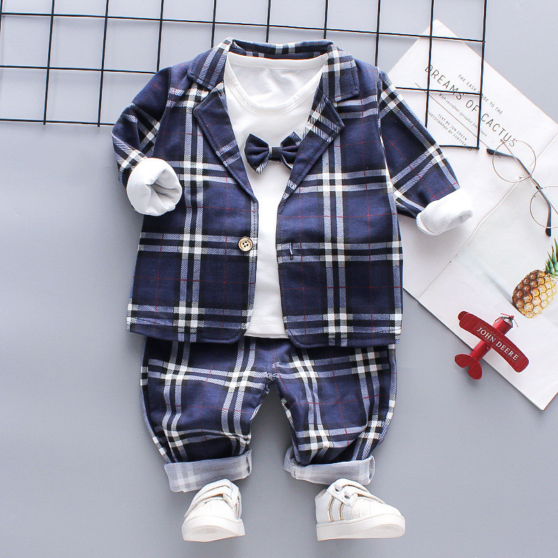 Μωρό αγόρι Φθινοπωρινό Σετ Ενδυμάτων Gentleman Βρεφικό Επίσημο πάρτι Παιδική Στολή Καρό Παλτό Πουκάμισο Παντελόνι Φιόγκος 4 τμχ Κοστούμι Γενέθλια