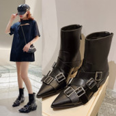 Cizme de damă din piele scurte cu tocuri groase Cizme gotice punk de designer cu toc jos Chelsea Cowboy New Rock Pantofi Mocasin Moda Negru