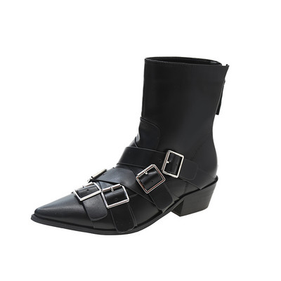 Cizme de damă din piele scurte cu tocuri groase Cizme gotice punk de designer cu toc jos Chelsea Cowboy New Rock Pantofi Mocasin Moda Negru