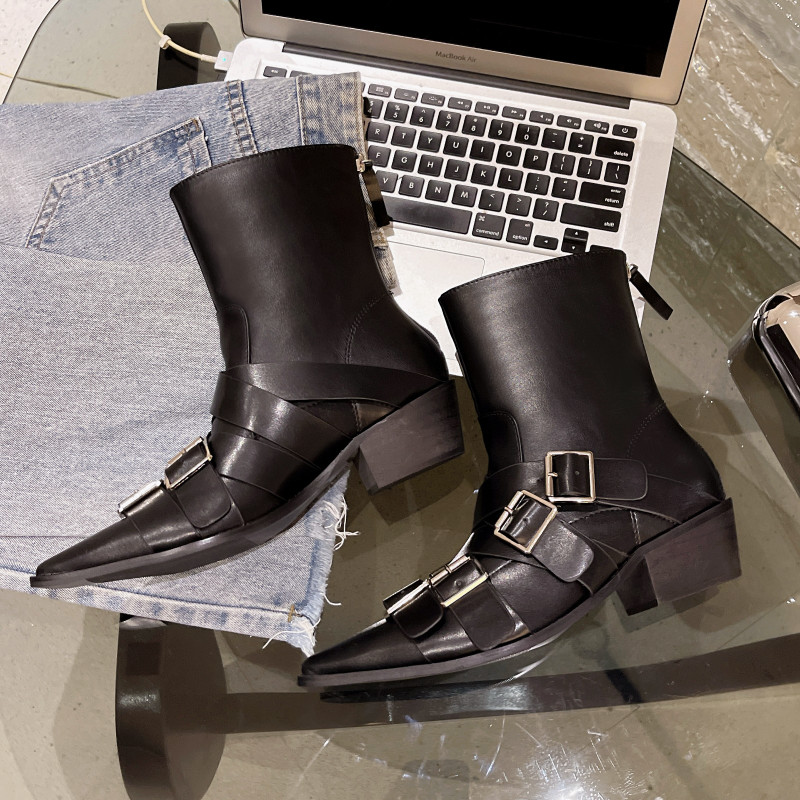 Cizme de damă din piele scurte cu tocuri groase Cizme gotice punk de designer cu toc jos Chelsea Cowboy New Rock Pantofi Mocasin Moda Negru