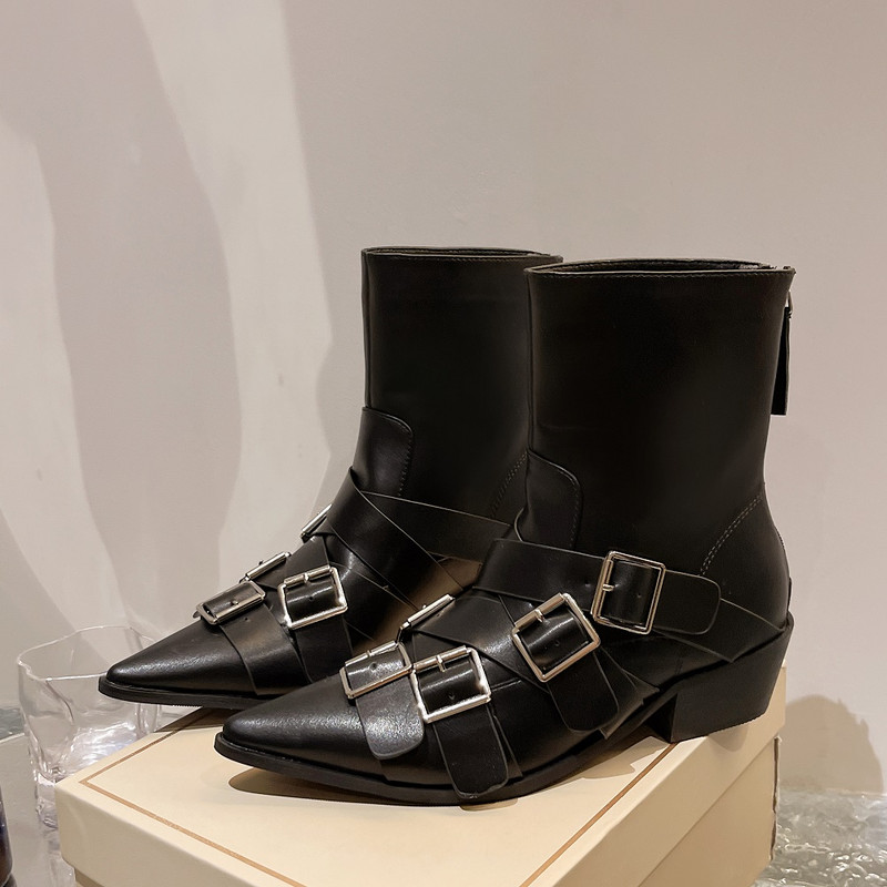 Cizme de damă din piele scurte cu tocuri groase Cizme gotice punk de designer cu toc jos Chelsea Cowboy New Rock Pantofi Mocasin Moda Negru