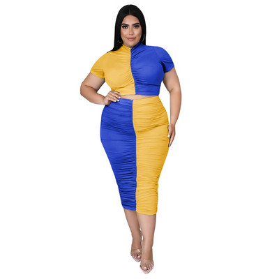 Γυναικεία ρούχα 5XL Plus Size Ruched καλοκαιρινά ρούχα Κοντό μανίκι Crop Maxi φούστα πλισέ σετ δύο τεμαχίων χονδρική Dropshipping