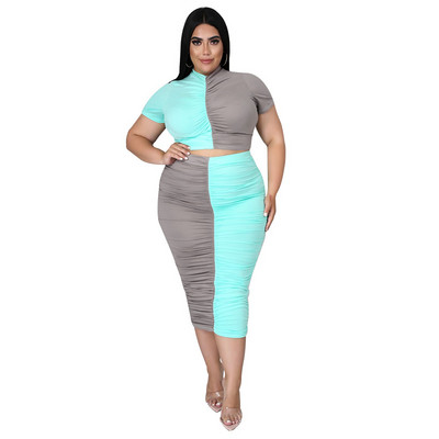 Γυναικεία ρούχα 5XL Plus Size Ruched καλοκαιρινά ρούχα Κοντό μανίκι Crop Maxi φούστα πλισέ σετ δύο τεμαχίων χονδρική Dropshipping