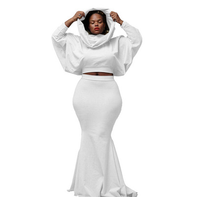 Plus Size Fashion Solid Φόρεμα σετ δύο τεμαχίων Φθινόπωρο Χειμώνας μακρυμάνικο με κουκούλα Crop Top Mermaid Φούστα Κομψά κοστούμια Streetwear Club