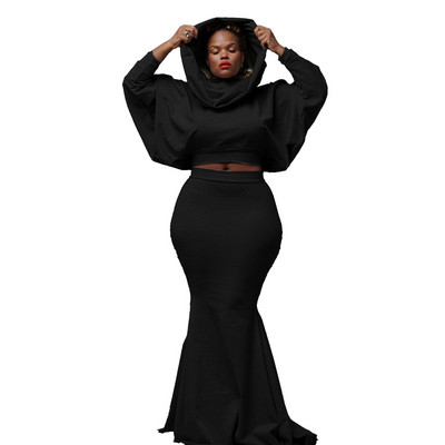 Plus Size Fashion Solid Φόρεμα σετ δύο τεμαχίων Φθινόπωρο Χειμώνας μακρυμάνικο με κουκούλα Crop Top Mermaid Φούστα Κομψά κοστούμια Streetwear Club