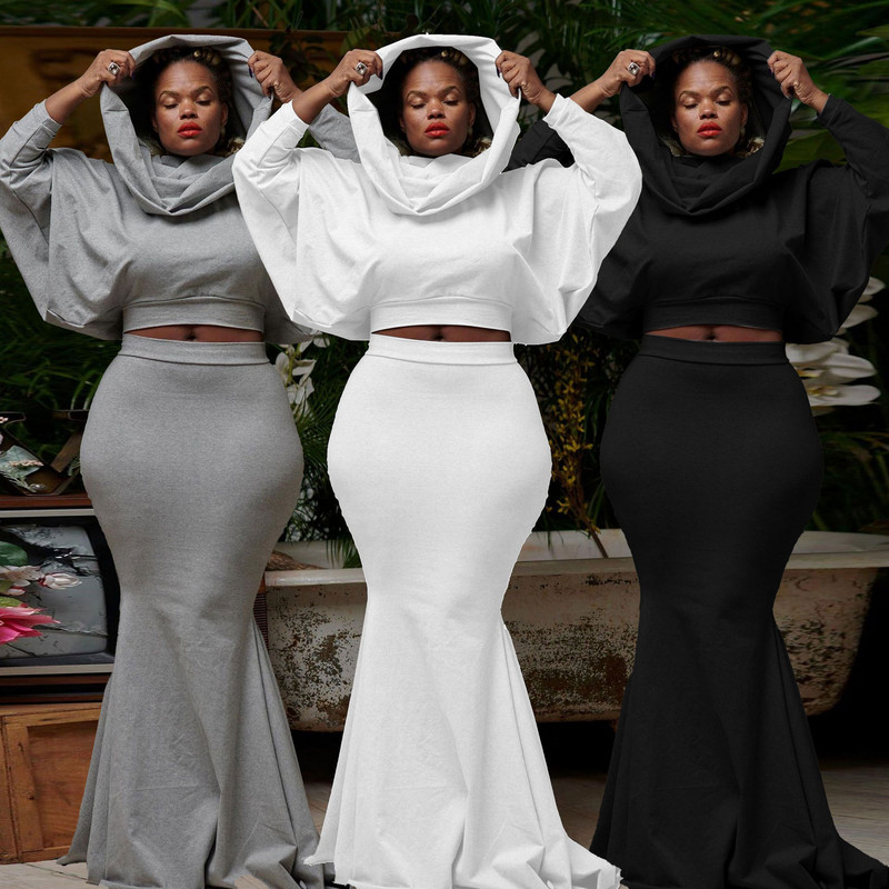 Plus Size Fashion Solid Φόρεμα σετ δύο τεμαχίων Φθινόπωρο Χειμώνας μακρυμάνικο με κουκούλα Crop Top Mermaid Φούστα Κομψά κοστούμια Streetwear Club