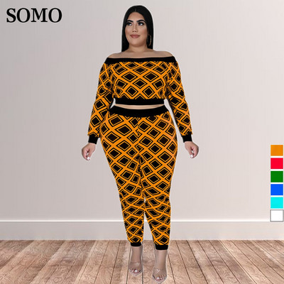 SOMO Φθινοπωρινά Ρούχα Γυναικεία Plus Size Two Piece Σετ Σέξι One Word γιακά και μακρύ παντελόνι Crop Top Outfits Χονδρική Dropshipping