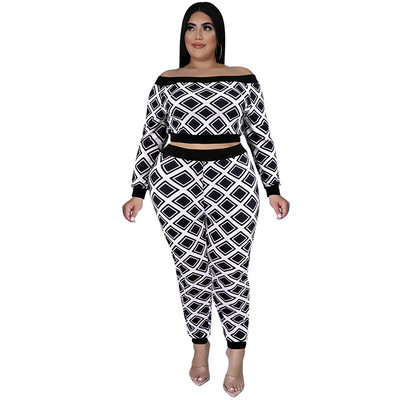 SOMO Φθινοπωρινά Ρούχα Γυναικεία Plus Size Two Piece Σετ Σέξι One Word γιακά και μακρύ παντελόνι Crop Top Outfits Χονδρική Dropshipping