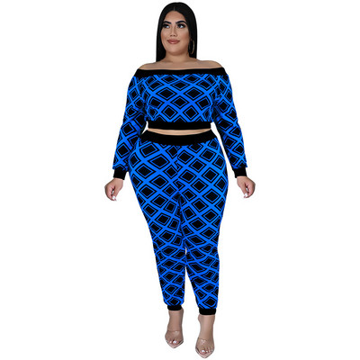 SOMO Φθινοπωρινά Ρούχα Γυναικεία Plus Size Two Piece Σετ Σέξι One Word γιακά και μακρύ παντελόνι Crop Top Outfits Χονδρική Dropshipping