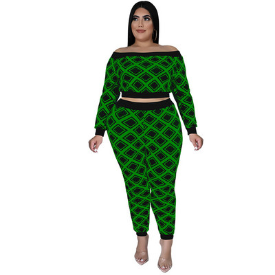 SOMO Φθινοπωρινά Ρούχα Γυναικεία Plus Size Two Piece Σετ Σέξι One Word γιακά και μακρύ παντελόνι Crop Top Outfits Χονδρική Dropshipping