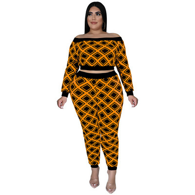 SOMO Φθινοπωρινά Ρούχα Γυναικεία Plus Size Two Piece Σετ Σέξι One Word γιακά και μακρύ παντελόνι Crop Top Outfits Χονδρική Dropshipping