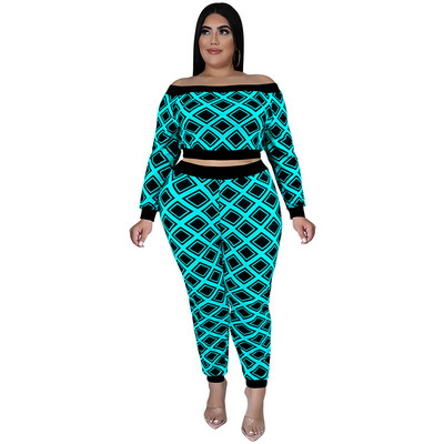 SOMO Φθινοπωρινά Ρούχα Γυναικεία Plus Size Two Piece Σετ Σέξι One Word γιακά και μακρύ παντελόνι Crop Top Outfits Χονδρική Dropshipping