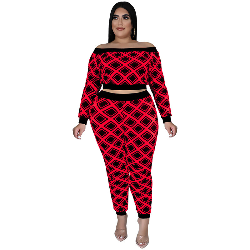 SOMO Φθινοπωρινά Ρούχα Γυναικεία Plus Size Two Piece Σετ Σέξι One Word γιακά και μακρύ παντελόνι Crop Top Outfits Χονδρική Dropshipping