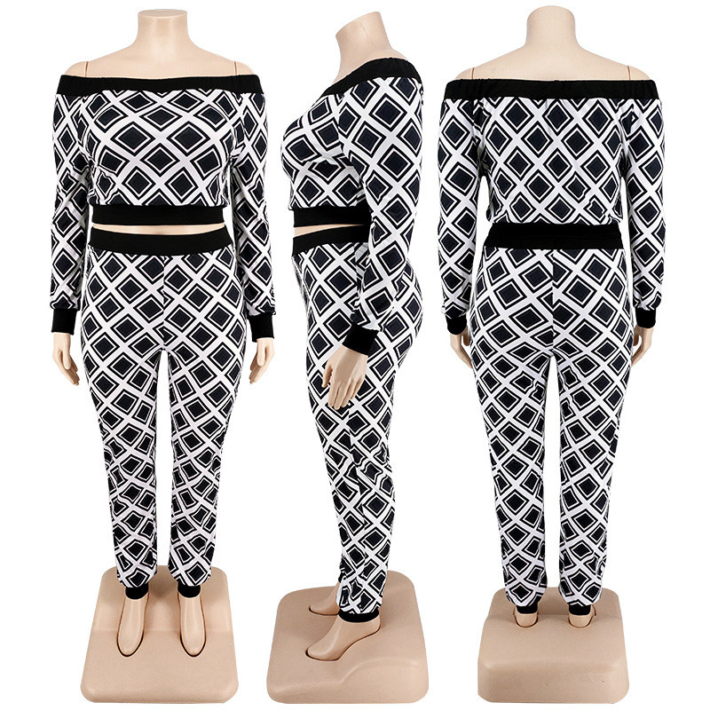 SOMO Φθινοπωρινά Ρούχα Γυναικεία Plus Size Two Piece Σετ Σέξι One Word γιακά και μακρύ παντελόνι Crop Top Outfits Χονδρική Dropshipping