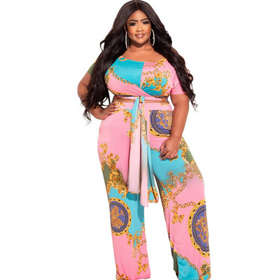 Mood Suures suuruses naisterõivad Suvised pitsilised Kärbitud ülaosa laia säärega püksid Seksikas kaheosaline komplekt trükitud hulgimüük Dropshipping