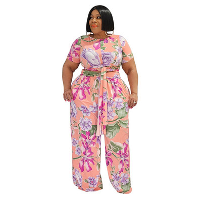 Mood Suures suuruses naisterõivad Suvised pitsilised Kärbitud ülaosa laia säärega püksid Seksikas kaheosaline komplekt trükitud hulgimüük Dropshipping