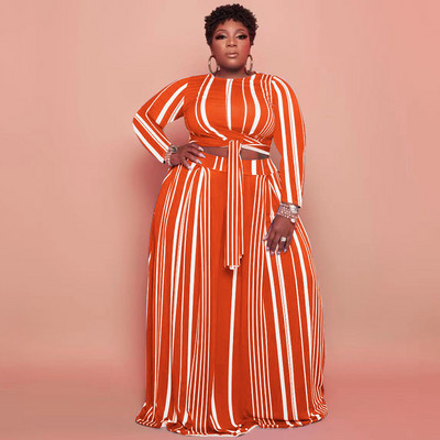 CM.YAYA Plus Size triibuline naiste komplekt, kõver, pikkade varrukatega pitsäärega T-särk ja avara pükste komplekt, kaks 2-osalist komplekti