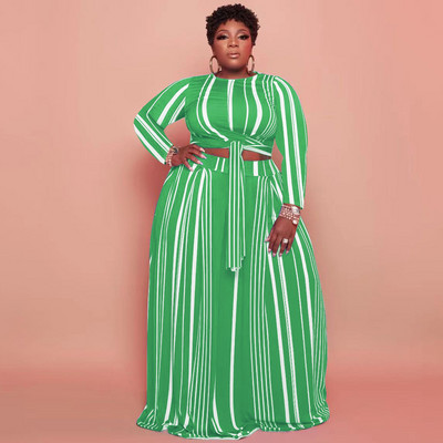 CM.YAYA Plus Size triibuline naiste komplekt, kõver, pikkade varrukatega pitsäärega T-särk ja avara pükste komplekt, kaks 2-osalist komplekti