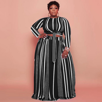 CM.YAYA Plus Size triibuline naiste komplekt, kõver, pikkade varrukatega pitsäärega T-särk ja avara pükste komplekt, kaks 2-osalist komplekti