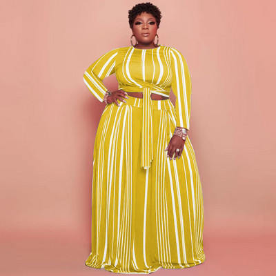 CM.YAYA Plus Size triibuline naiste komplekt, kõver, pikkade varrukatega pitsäärega T-särk ja avara pükste komplekt, kaks 2-osalist komplekti