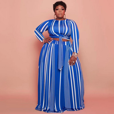 CM.YAYA Plus Size triibuline naiste komplekt, kõver, pikkade varrukatega pitsäärega T-särk ja avara pükste komplekt, kaks 2-osalist komplekti