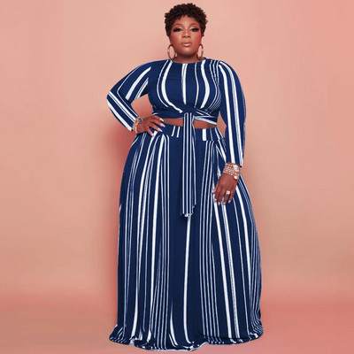 CM.YAYA Plus Size triibuline naiste komplekt, kõver, pikkade varrukatega pitsäärega T-särk ja avara pükste komplekt, kaks 2-osalist komplekti