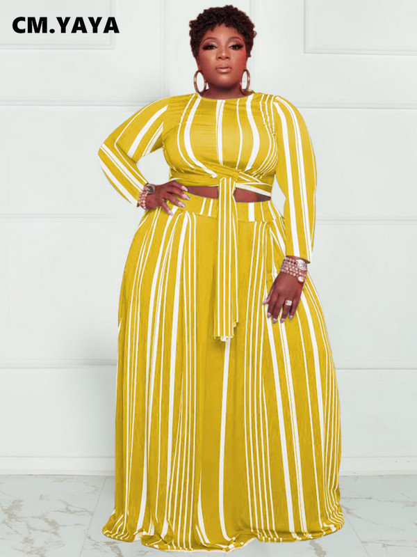 CM.YAYA Plus Size triibuline naiste komplekt, kõver, pikkade varrukatega pitsäärega T-särk ja avara pükste komplekt, kaks 2-osalist komplekti