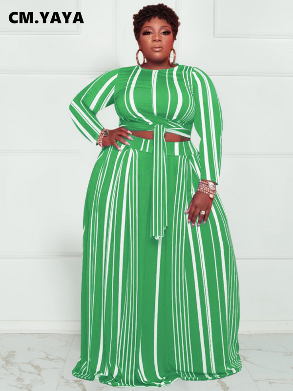 CM.YAYA Plus Size triibuline naiste komplekt, kõver, pikkade varrukatega pitsäärega T-särk ja avara pükste komplekt, kaks 2-osalist komplekti