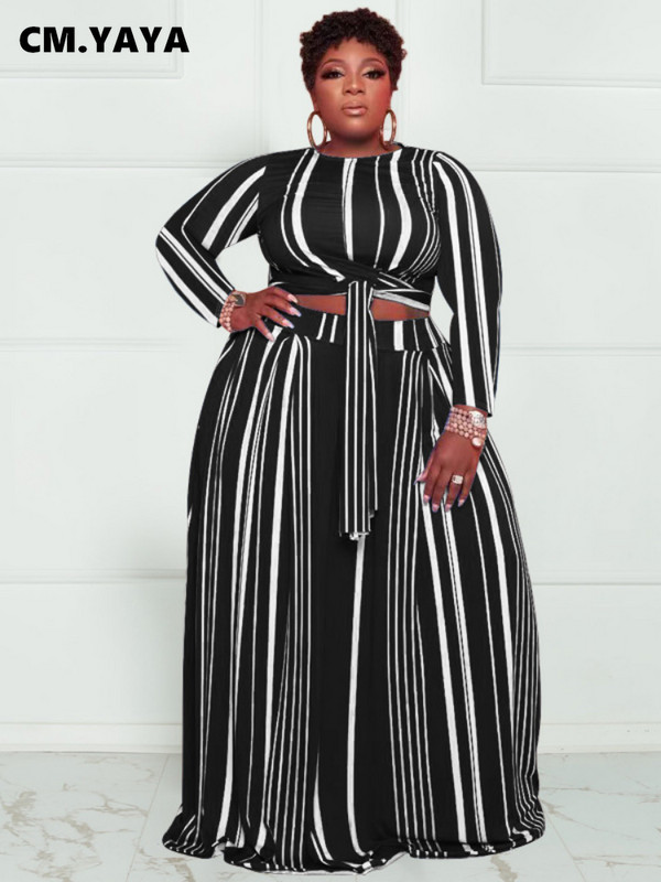 CM.YAYA Plus Size triibuline naiste komplekt, kõver, pikkade varrukatega pitsäärega T-särk ja avara pükste komplekt, kaks 2-osalist komplekti