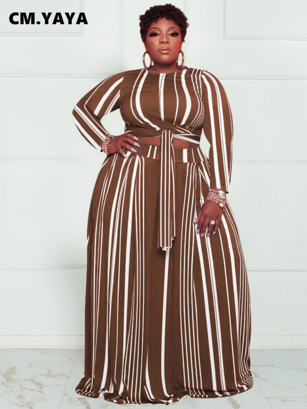 CM.YAYA Plus Size triibuline naiste komplekt, kõver, pikkade varrukatega pitsäärega T-särk ja avara pükste komplekt, kaks 2-osalist komplekti