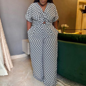 Set 2 piese cu imprimeu în carouri sexy pentru femei de mărime mare, cu decolteu în V, cu mânecă scurtă, cămașă cu volan, set pantaloni cu picioare largi, ținute de vară, trening