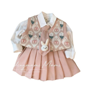 Γλυκά κοστούμια για κορίτσια 2023 Νέα φθινοπωρινή στολή Baby College Ανοιξιάτικη πλισέ φούστα+Πουλόβερ Γιλέκο+Πουκάμισο 3τμχ Σετ Παιδικά Ξένο στυλ