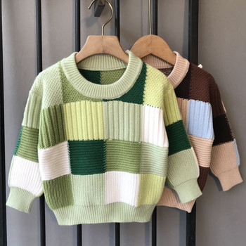 Плетен пуловер за момче Пролетно и есенно корейско издание Детско каре Свободно долнище Зимен детски бебешки пуловер