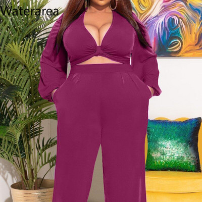 Waterarea Plus Size Solid Bow Γυναικείο Σετ αθλητική φόρμα μόδας Casual κοντό μπλουζάκι με φαρδύ παντελόνι τσέπες κοστούμι δύο σετ 2 τεμαχίων