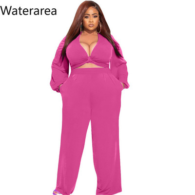 Waterarea Plus Size Solid Bow naiste komplekt Spordidress Mood vabaaja lühike topp laia säärega püksid ülikonna taskud kaks 2-osaline komplekt