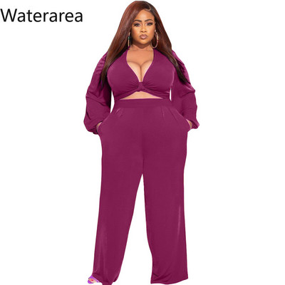 Waterarea Plus Size Solid Bow naiste komplekt Spordidress Mood vabaaja lühike topp laia säärega püksid ülikonna taskud kaks 2-osaline komplekt
