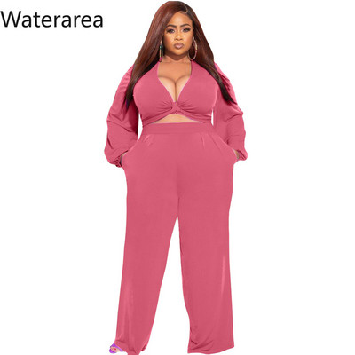 Waterarea Plus Size Solid Bow naiste komplekt Spordidress Mood vabaaja lühike topp laia säärega püksid ülikonna taskud kaks 2-osaline komplekt