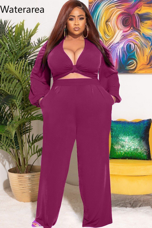 Waterarea Plus Size Solid Bow naiste komplekt Spordidress Mood vabaaja lühike topp laia säärega püksid ülikonna taskud kaks 2-osaline komplekt