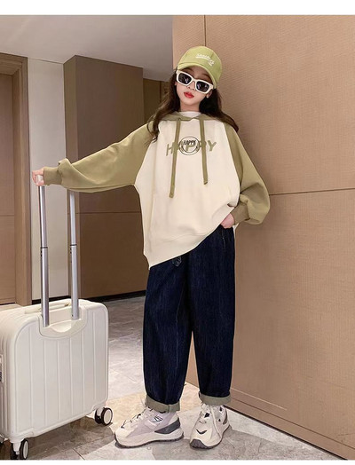 Άνοιξη Φθινόπωρο Κορίτσια Βαμβακερή αντίθεση με αλφάβητο Χαμόγελο Φούτερ Σχολική Παιδική φόρμα φόρμα Παιδική κουκούλα γυμναστικής 7-16 ετών