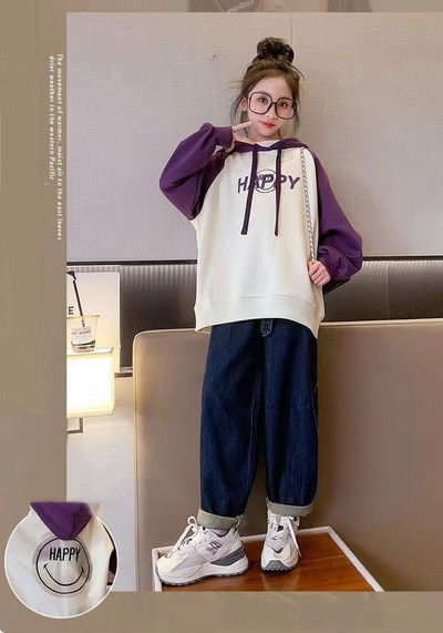 Άνοιξη Φθινόπωρο Κορίτσια Βαμβακερή αντίθεση με αλφάβητο Χαμόγελο Φούτερ Σχολική Παιδική φόρμα φόρμα Παιδική κουκούλα γυμναστικής 7-16 ετών