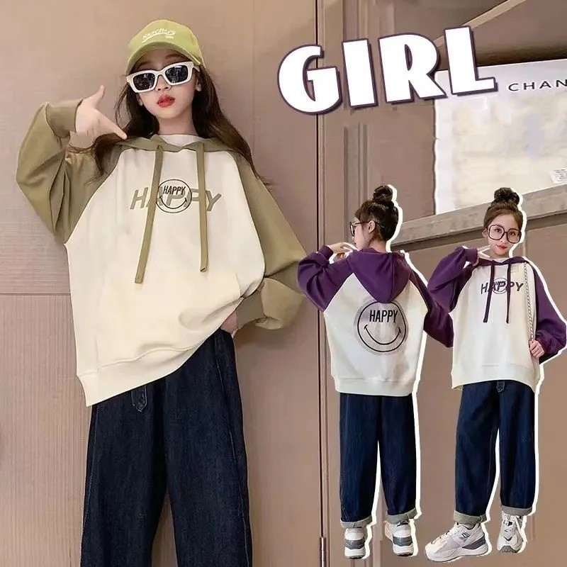 Άνοιξη Φθινόπωρο Κορίτσια Βαμβακερή αντίθεση με αλφάβητο Χαμόγελο Φούτερ Σχολική Παιδική φόρμα φόρμα Παιδική κουκούλα γυμναστικής 7-16 ετών