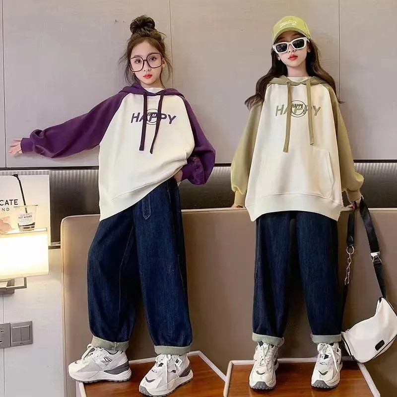 Άνοιξη Φθινόπωρο Κορίτσια Βαμβακερή αντίθεση με αλφάβητο Χαμόγελο Φούτερ Σχολική Παιδική φόρμα φόρμα Παιδική κουκούλα γυμναστικής 7-16 ετών